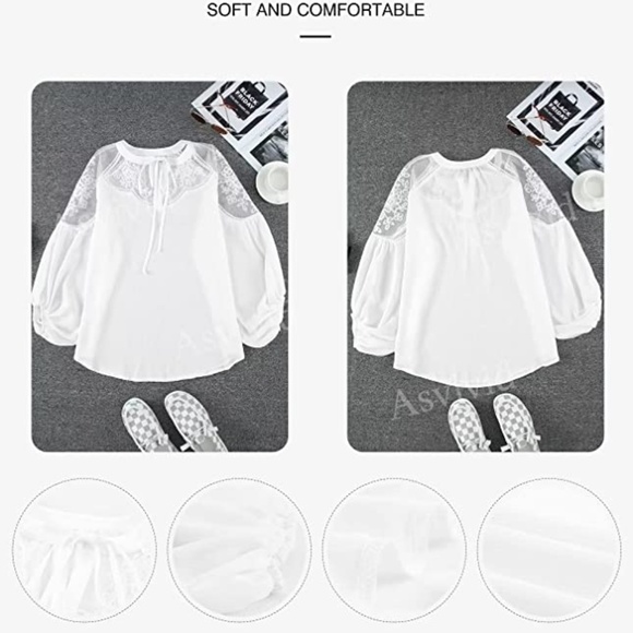 NWOT - Womens V Neck Crochet Lace Tops white Loose Puff Long Sleeve chiffon boho - Picture 5 of 6